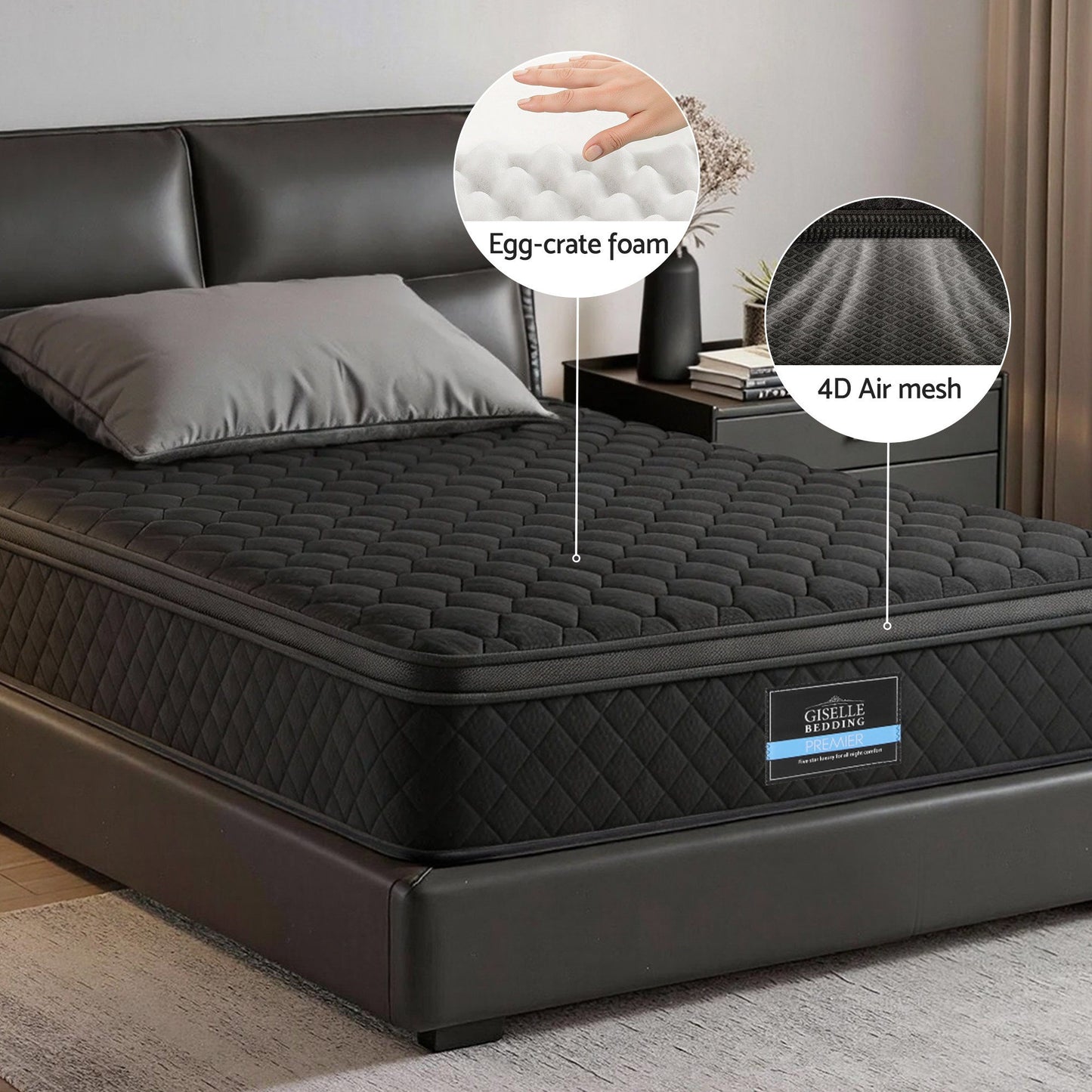 Giselle Bedding Single Mattress 34cm Euro Top with 5-Zone Pocket Spring Support Black