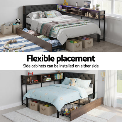 Artiss Bed Frame King Single Size with 2 Drawers and Charging Station Metal Corner Bed Base