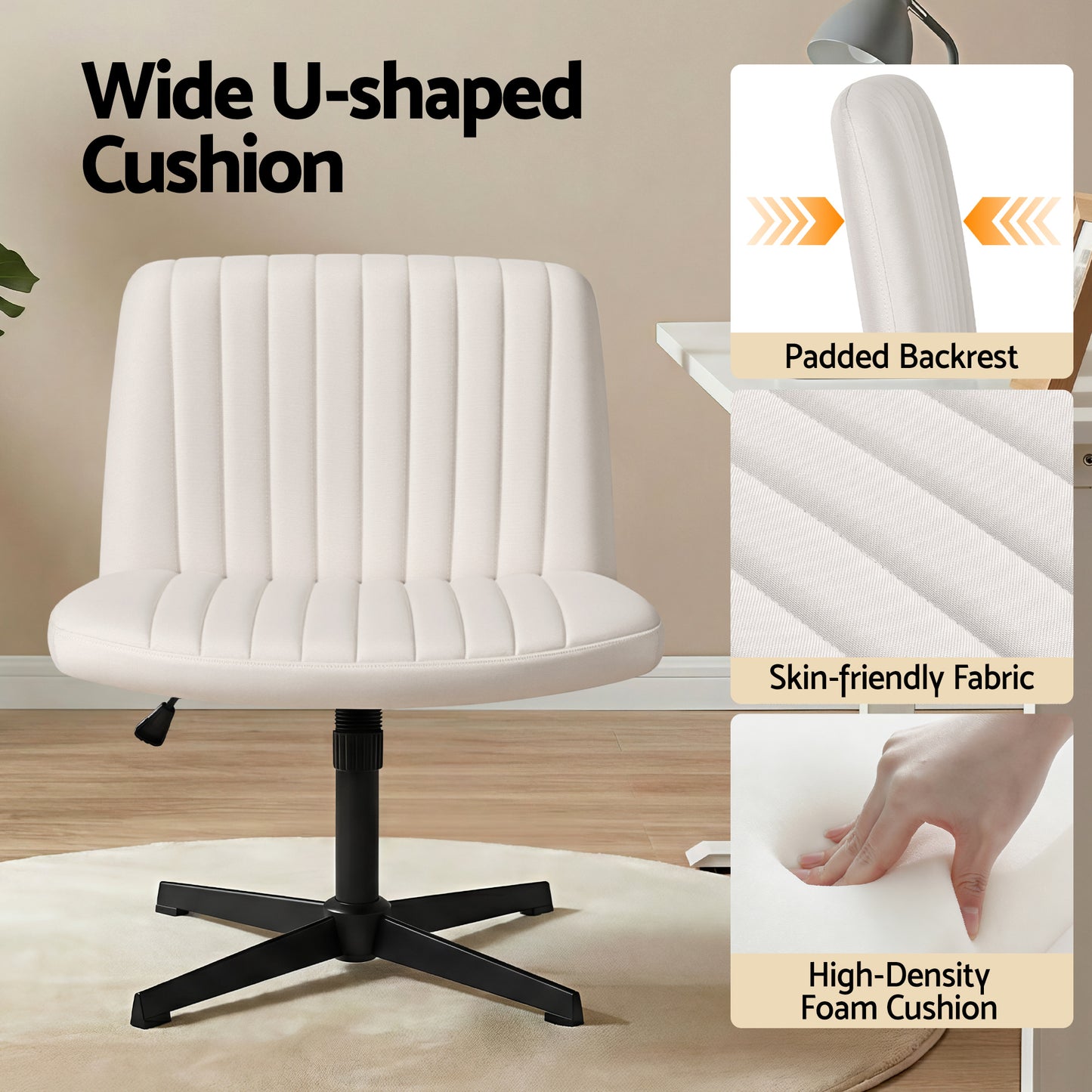 Artiss Criss Cross Chair No Wheels Fabric Wide Cross Legged Office Desk Vanity Chair Armless, Height Adjustable, Swivel Home Office Chair for Home Computer Task, Beige