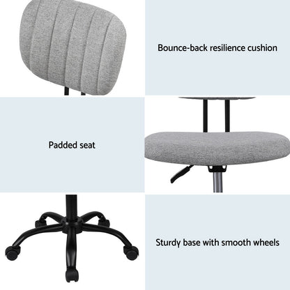 Artiss Armless Office Chair with Wheels, Ergonomic 360° Swivel Home Office Desk Chair, Height Adjustable Computer Task Chair with Fabric Back and Seat for Small Space, Grey