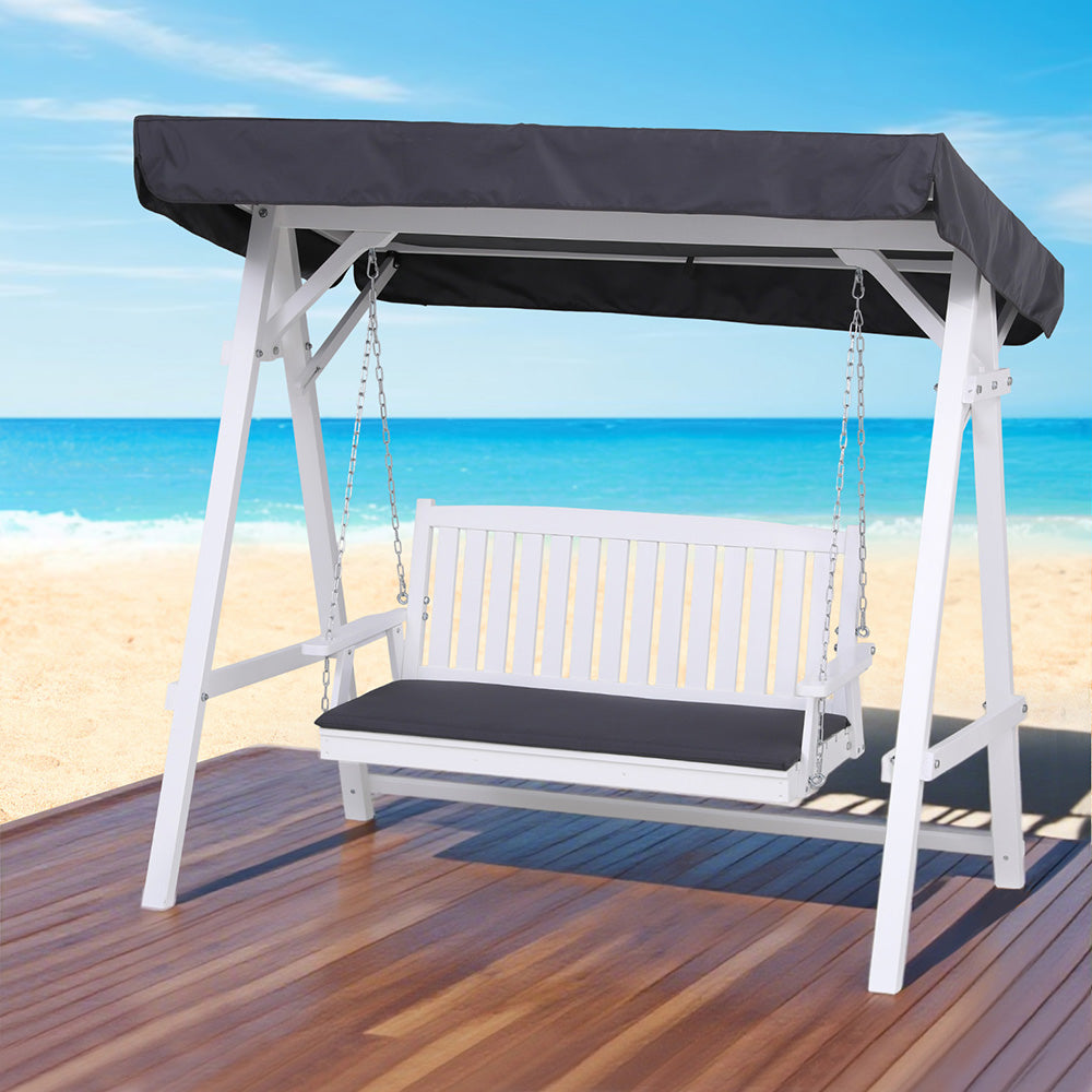 Gardeon Outdoor Wooden Swing Chair Garden Bench Canopy Cushion 3 Seater White