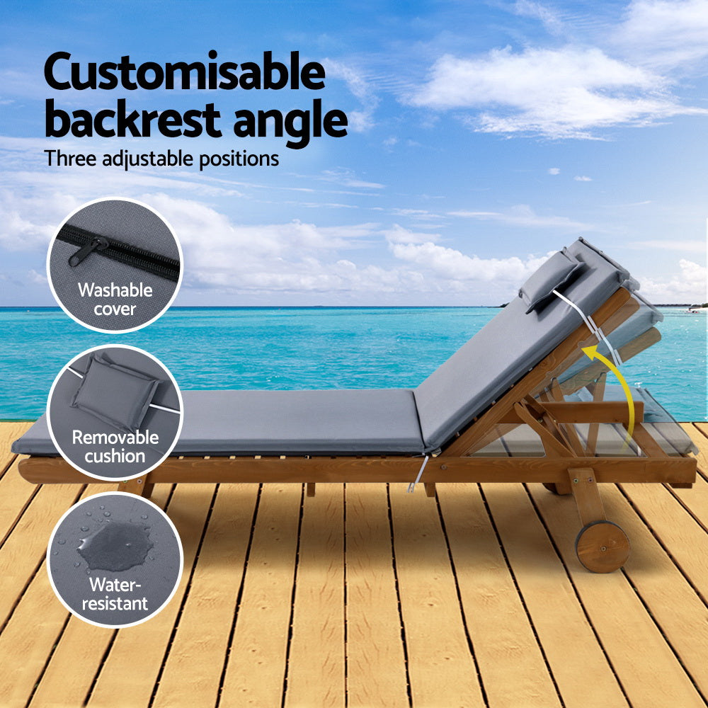 Gardeon 2x Sun Lounge Wooden Lounger Outdoor Furniture Day Bed Wheel Patio Grey
