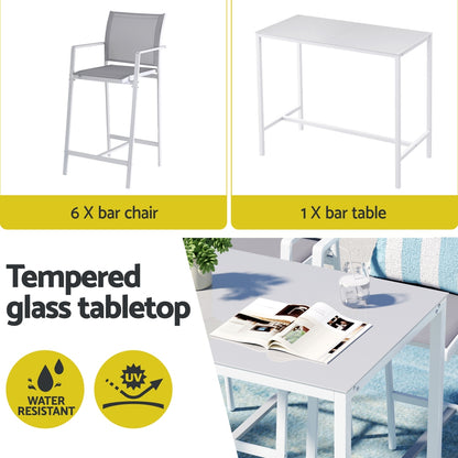 Gardeon 7PCS Outdoor Bar Set Stools Dining Chairs Table Patio Steel Bistro Set White