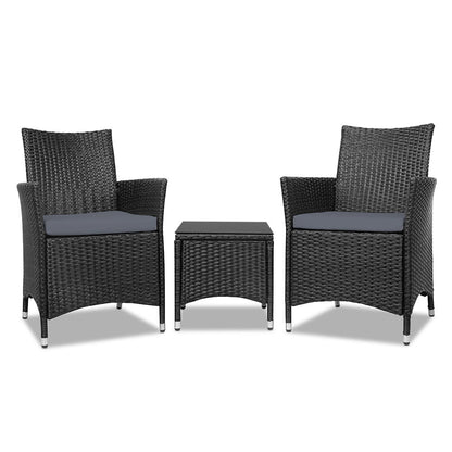 Gardeon 3PC Outdoor Bistro Set Patio Furniture Wicker Chairs Table Cushion All Black