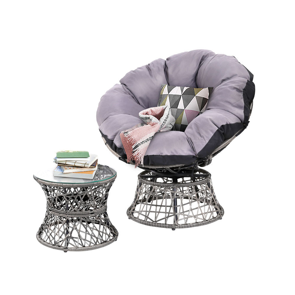 Gardeon Outdoor Lounge Setting Papasan Chair Wicker Table Garden Furniture Grey