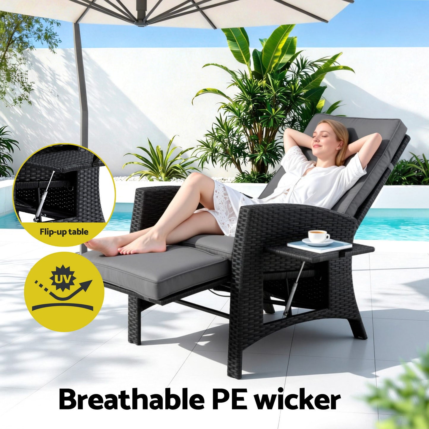 Gardeon Outdoor Recliner Chairs Sun lounge Wicker Lounger Patio Furniture Adjustable Black