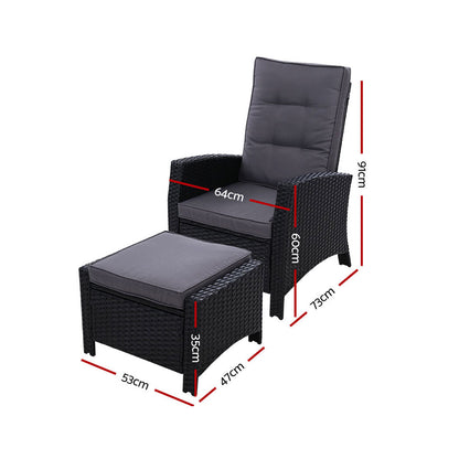 Gardeon 2PC Recliner Chairs Sun lounge Wicker Lounger Outdoor Furniture Adjustable Black