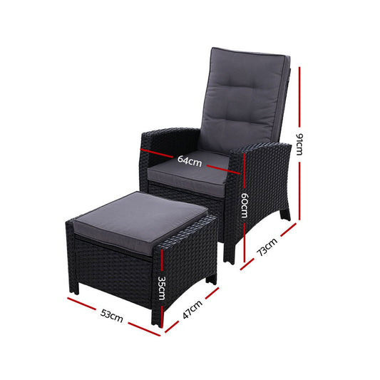 Gardeon 2PC Recliner Chairs Sun lounge Wicker Lounger Outdoor Furniture Adjustable Black