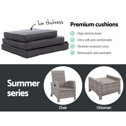 Gardeon 2PC Recliner Chairs Sun lounge Wicker Lounger Outdoor Furniture Adjustable Grey