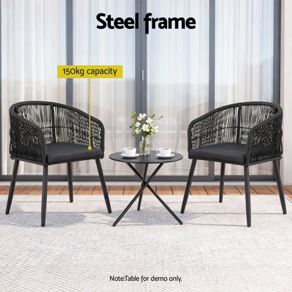 Gardeon 2PC Outdoor Dining Chairs Wicker Chair Patio Furniture Garden Steel Black