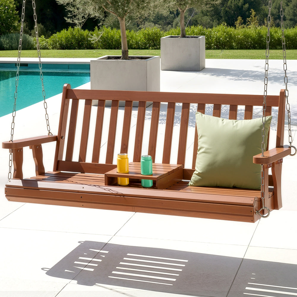 Gardeon Porch Outdoor Swing Chair Patio Furniture Wooden Bench 2 Seat Cup Holder
