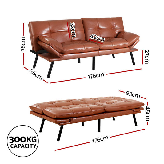 Artiss Sofa Bed Convertible 3 Seater Couch Recliner Lounge Chair Leather Brown