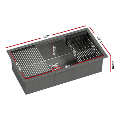 Cefito Stainless Steel Sink 81x45CM With Pull Out Mixer Tap Kitchen Basin Single Bowl Black
