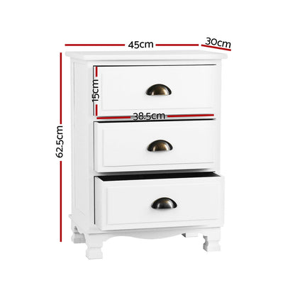 Artiss 2x Bedside Table 3 Drawers Vintage - THYME White