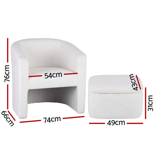 Artiss Armchair Accent Chair w/Ottoman Lounge Footrest Storage Boucle White