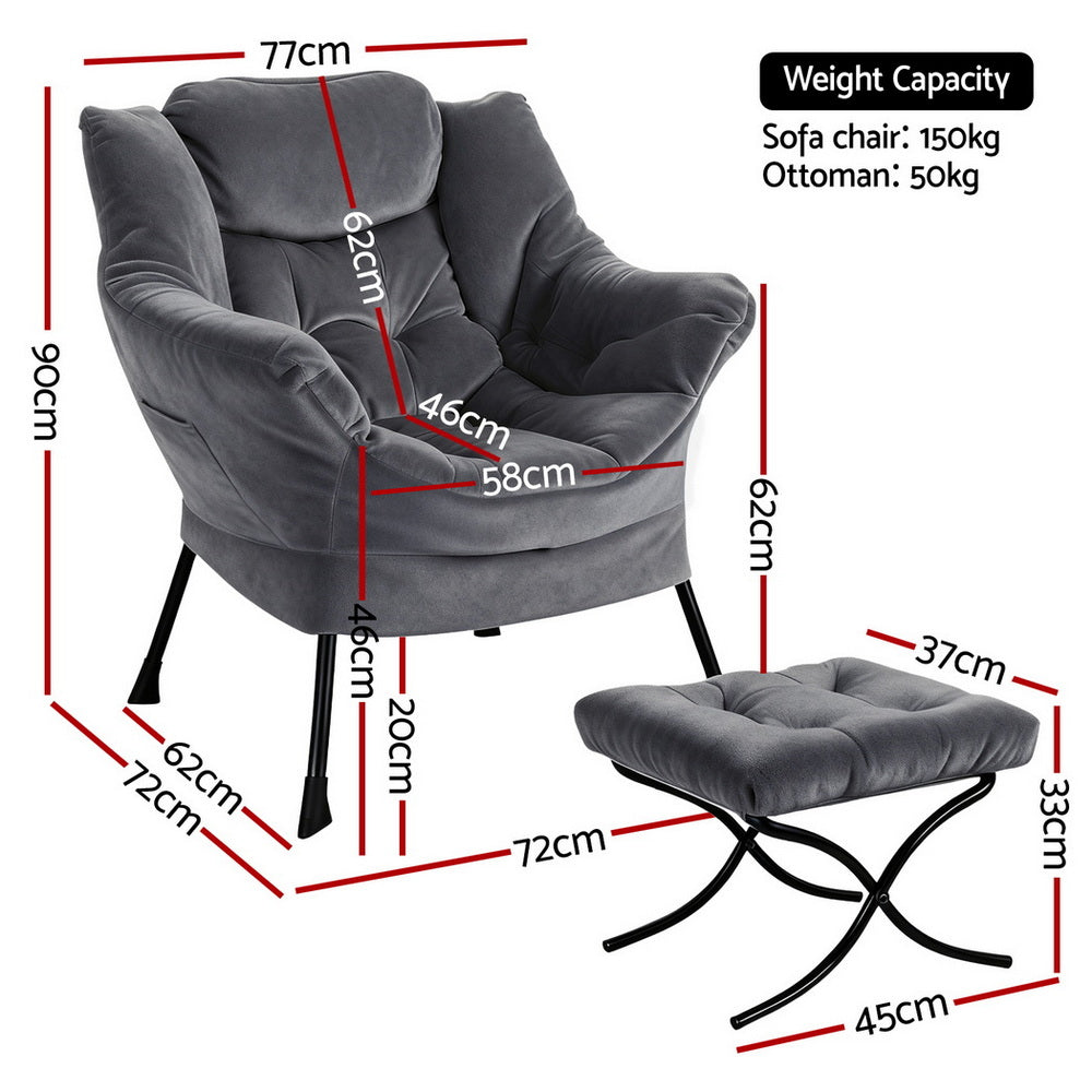 Artiss Armchair Accent Chair Ottoman Lounge Footrest Velvet Grey