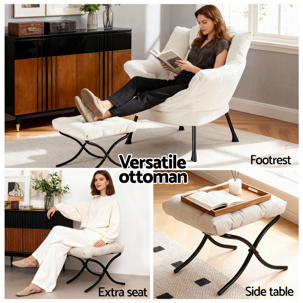 Artiss Armchair Accent Chair Ottoman Lounge Footrest Velvet White