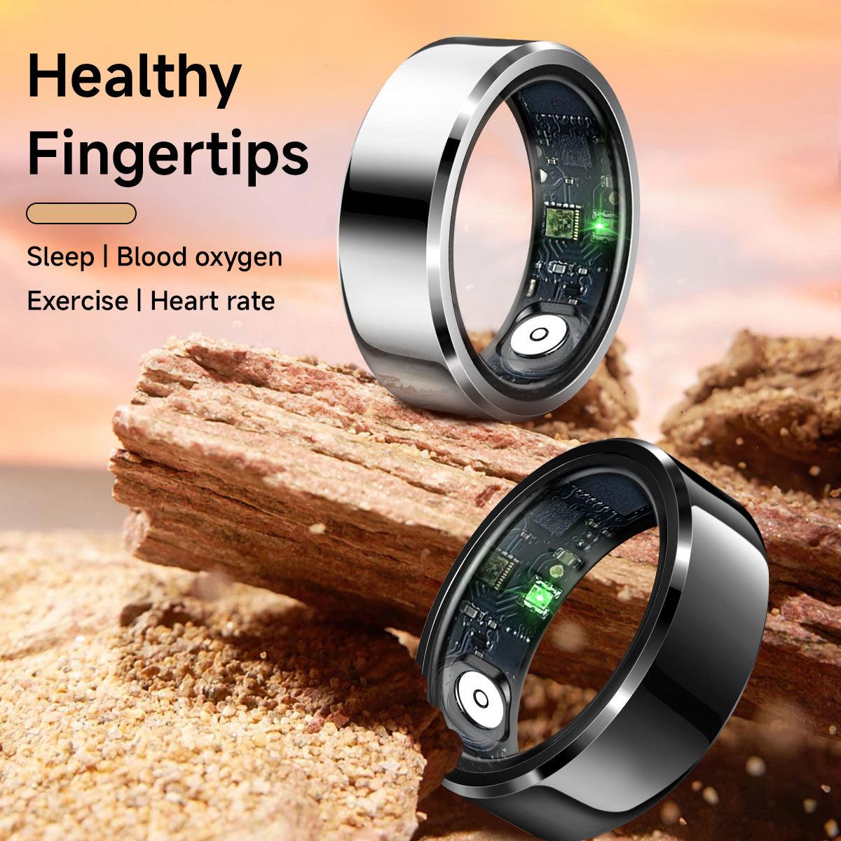Black Round 0.74inch Smart Ring with Heart Rate and Sleep Tracking - IP68 Waterproof Fitness Tracker with Step Counter