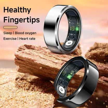 Black Round 0.74inch Smart Ring with Heart Rate and Sleep Tracking - IP68 Waterproof Fitness Tracker with Step Counter