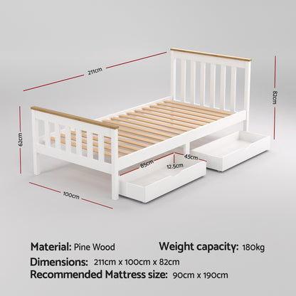 Artiss Bed Frame Single Size Wooden Platform with 2 Storage Drawers White PONY