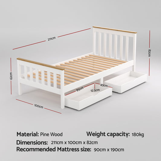 Artiss Bed Frame Single Size Wooden Platform with 2 Storage Drawers White PONY