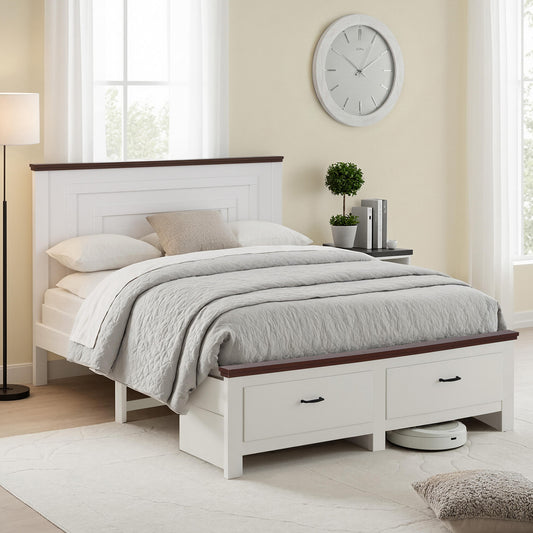 Artiss Queen Wooden Bed Frame with 2 Drawer Platform Bed with 108cm Solid High Headboard White Bed Base for Bedroom Easy Assembly